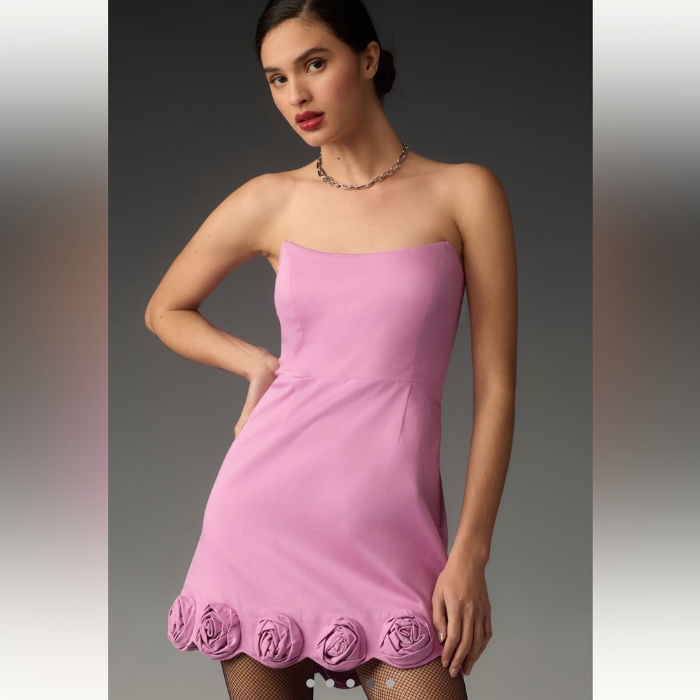 Maeve strapless rosette mini dress, NWT, Sz L and runs slightly big; fully lined